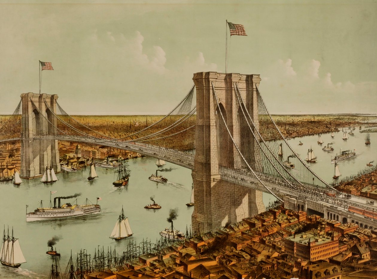 Great East River Suspension Bridge by Currier and Ives