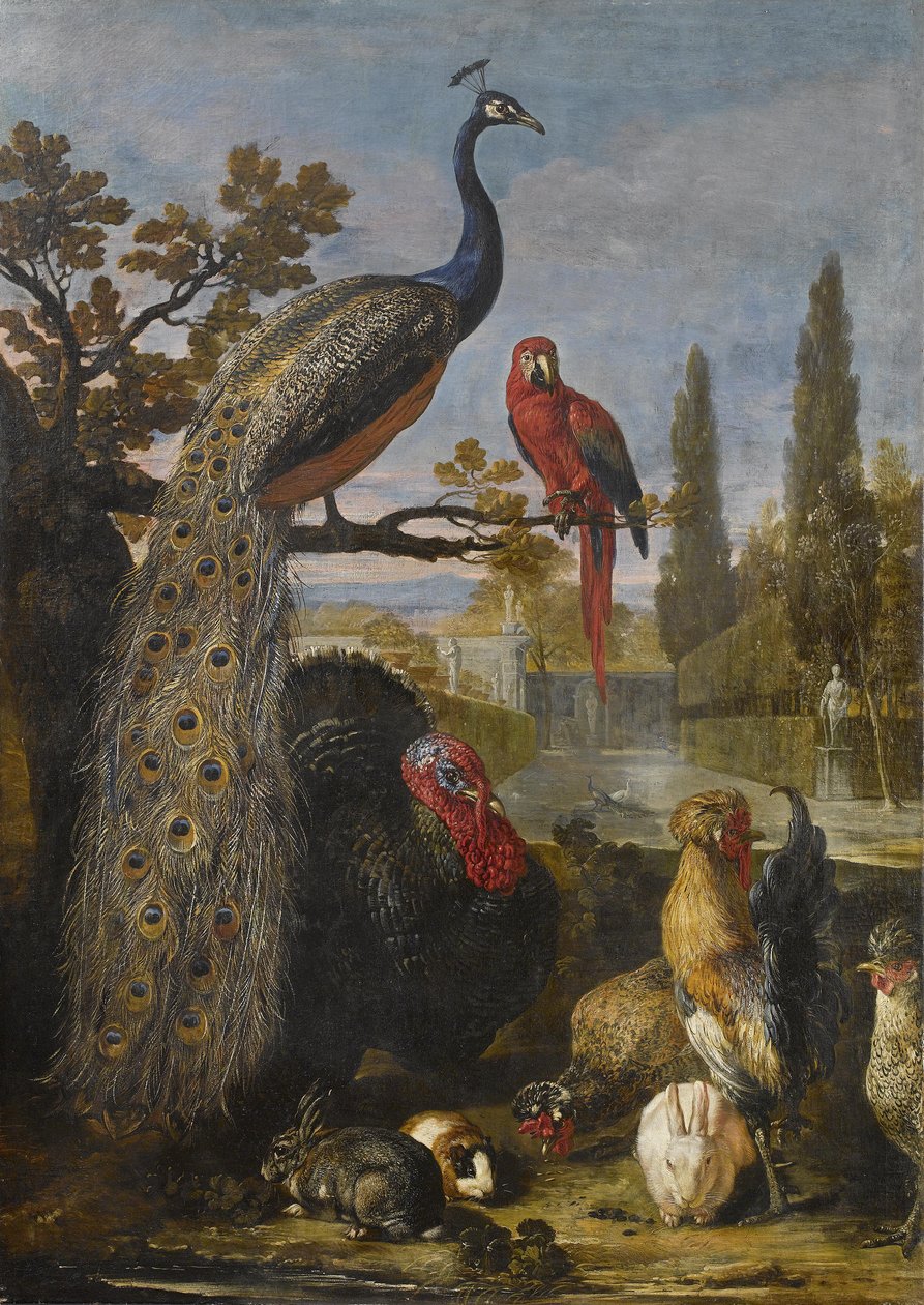 A Peacock, a Parrot, a Turkey, Roosters, Rabbits, and a Guinea Pig in a Park Landscape by David de Coninck