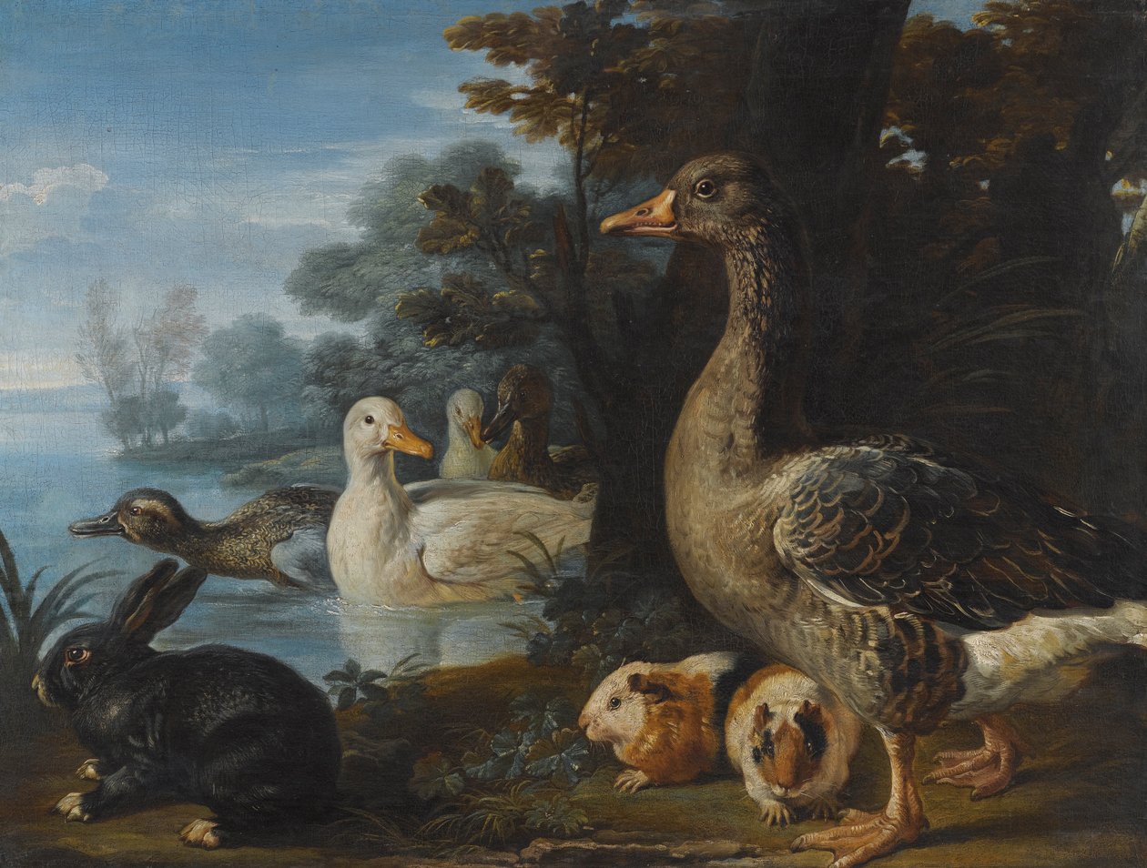 Ducks, a Goose, Guinea Pigs, and a Rabbit in a Wooded Landscape by a Lake by David de Coninck