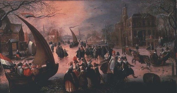 A village in winter with gentry ice-sailing by David Vinckboons