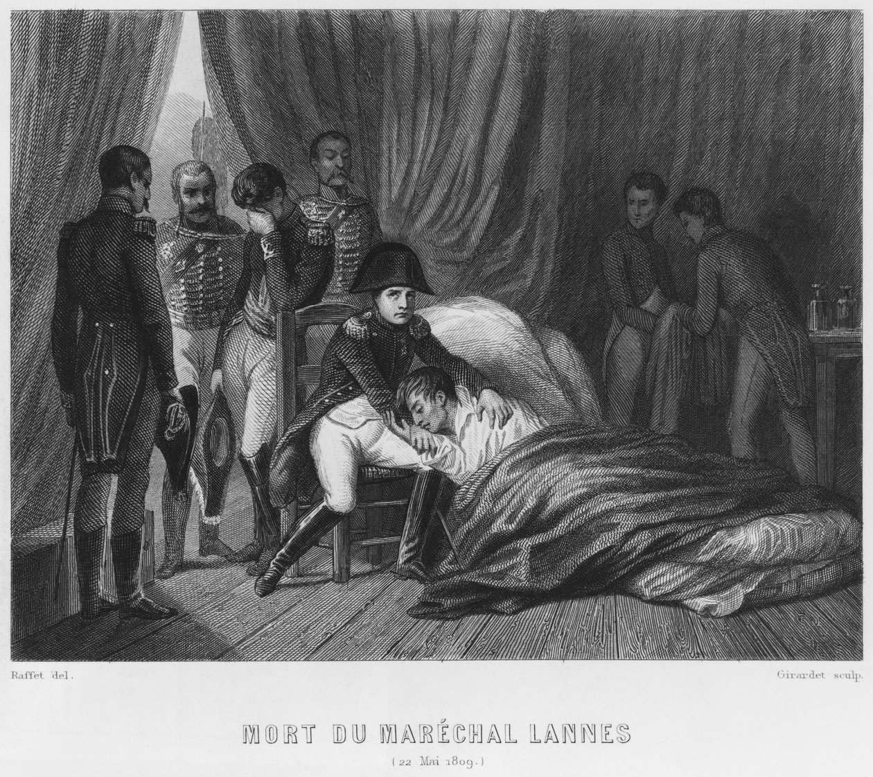 Last moments of Marshal Lannes, Duke of Montebello, at the battle of Essling on 22nd May 1809, engraved by Abraham Girardet by Denis Auguste Marie Raffet