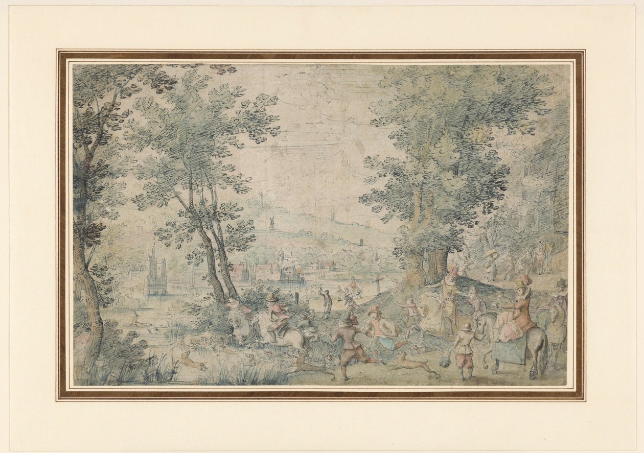 Landscape near Brussels with Deer Hunt by Denis van Alsloot (possibly)