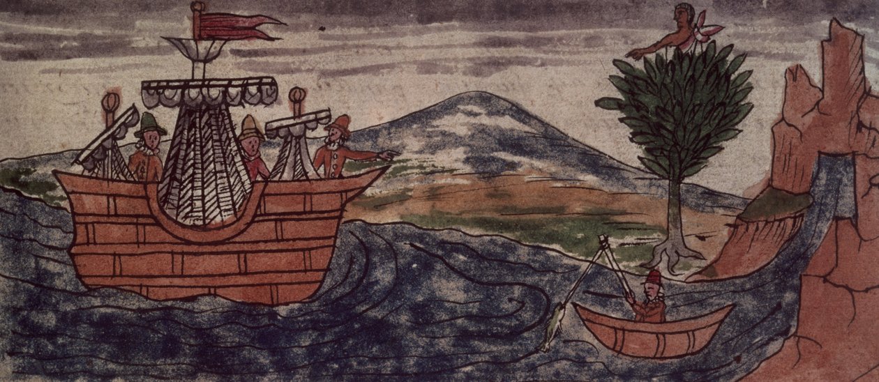 An Indian spy observes the arrival of a Spanish ship on the Mexican coast by Diego Duran