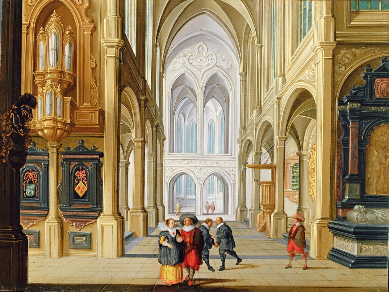 Elegant Figures in a Gothic Church by Dirck van Deelen