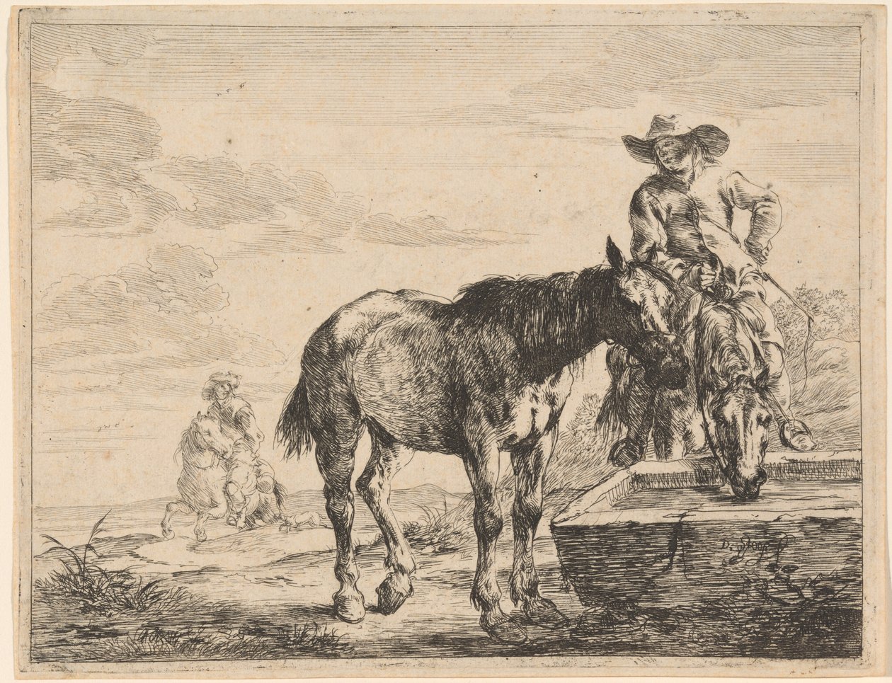 Two Horses Drinking at a Trough by Dirck Stoop