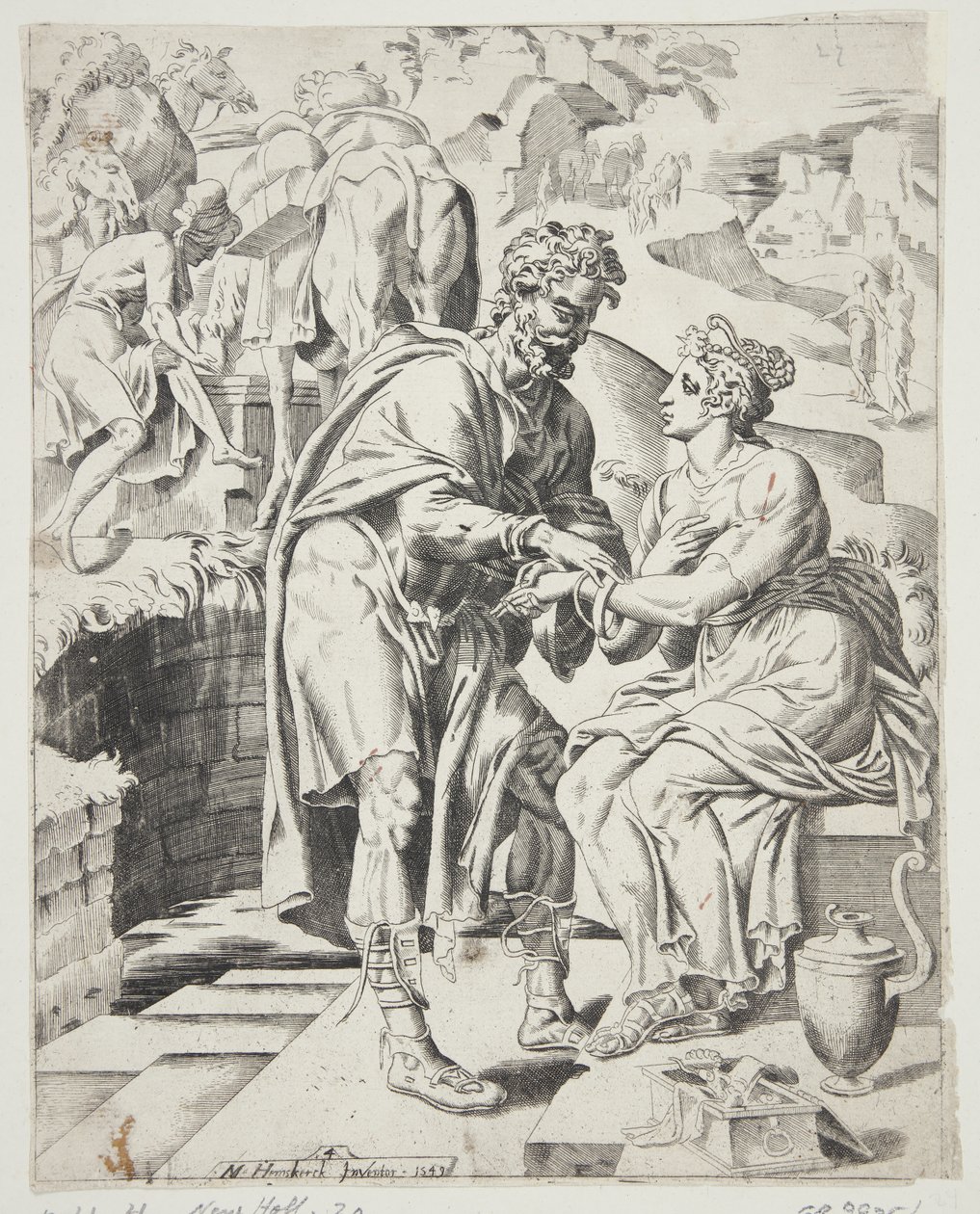 Eliezer Giving Rebecca the Bracelets by Dirck Volckertsz. Coornhert
