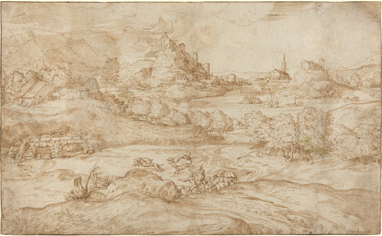 Landscape with Shepherds Driving Away a Wolf by Domenico Campagnola