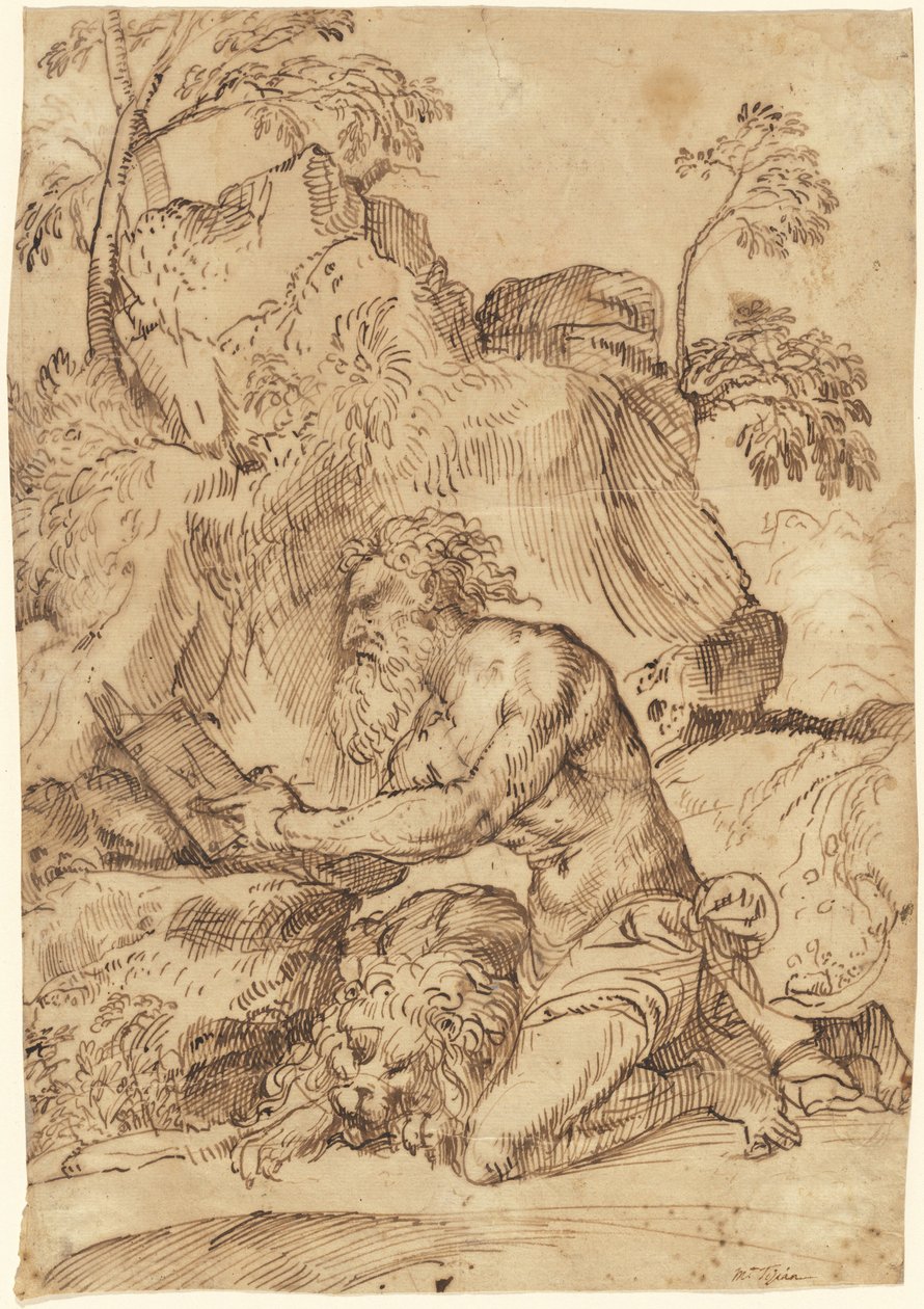 Saint Jerome Reading in the Wilderness by Domenico Campagnola
