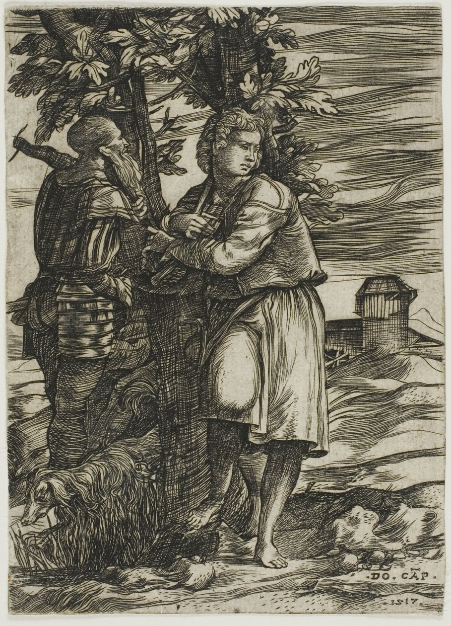 Shepherd and Old Warrior by Domenico Campagnola