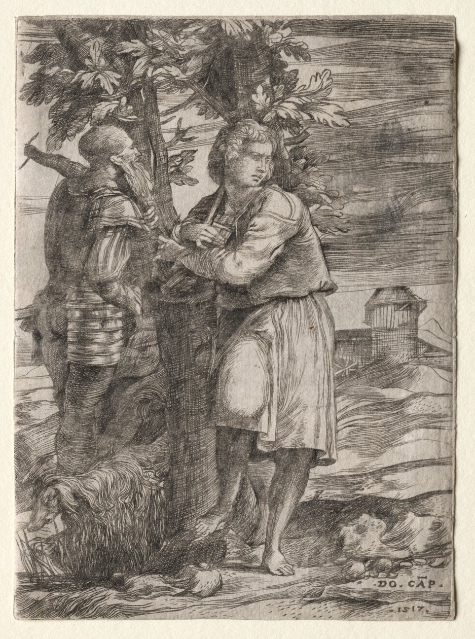 Shepherd and Old Warrior by Domenico Campagnola