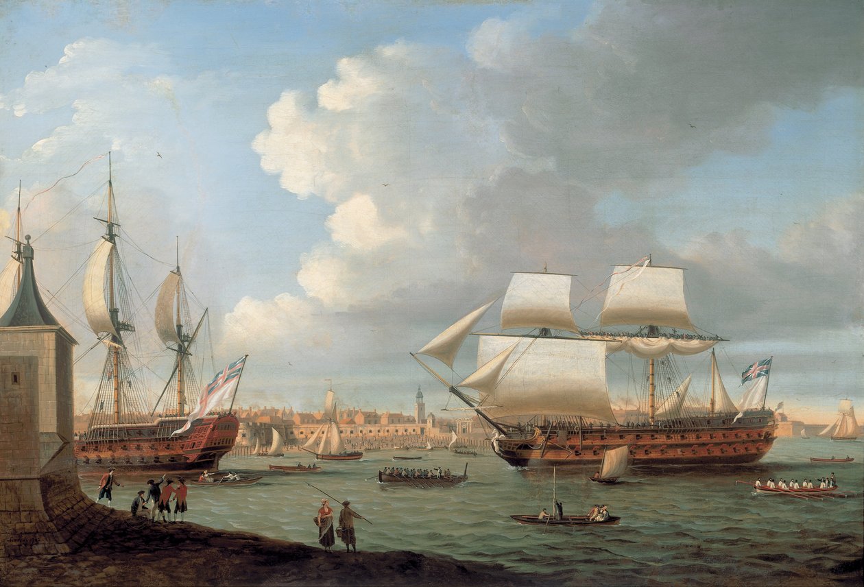 Foudroyant and Pégase Entering Portsmouth Harbour, 1782 by Dominic Serres