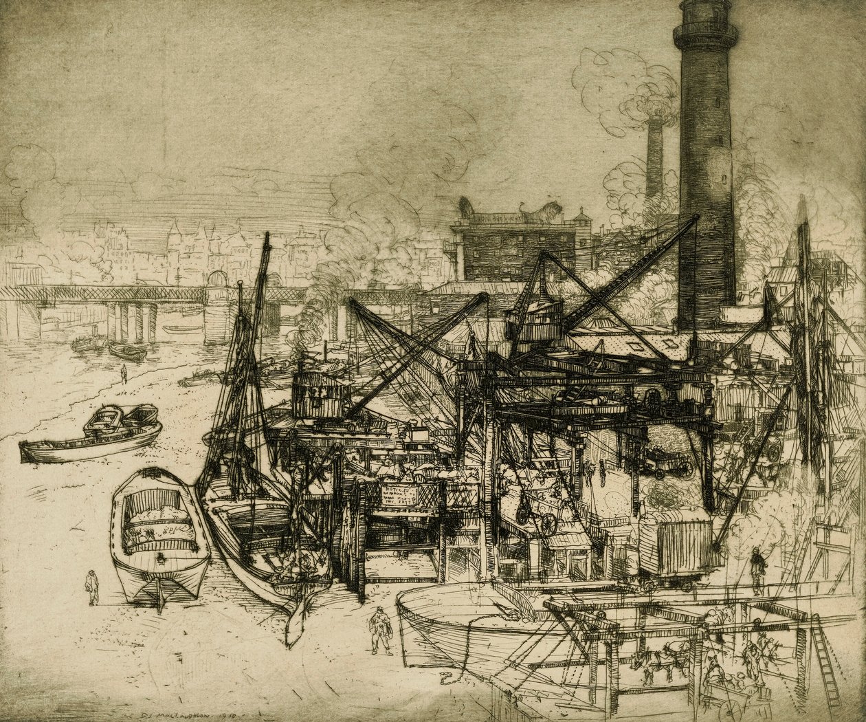 Chimneys and Cranes on the Thames by Donald Shaw MacLaughlan