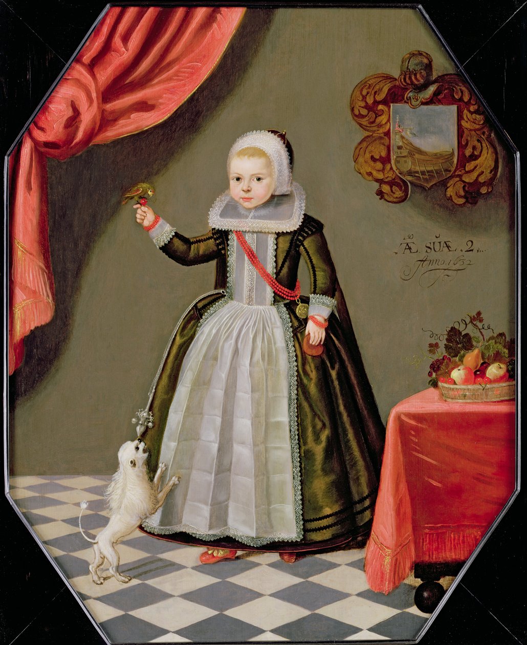 Portrait of a Young Girl with a Bird on Her Finger and a Dog at Her Feet, 1632 by Dutch School
