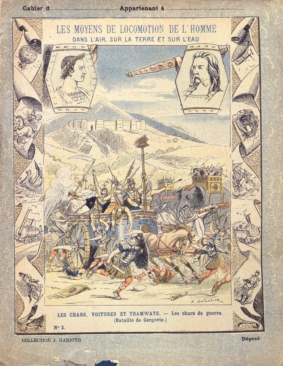 Gaulish War Chariots at the Battle of Gergovia, from a Protective Sleeve for School Books by E. Letellier