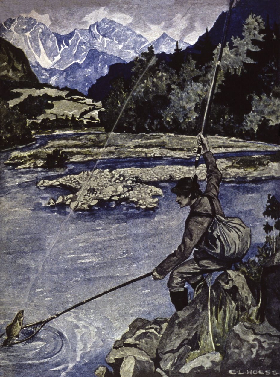 Fishing in a river, c.1900 by E. L. Hoess