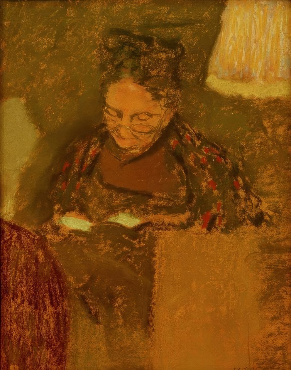 Madame Vuillard Reading by Lamp Light by Edouard Vuillard