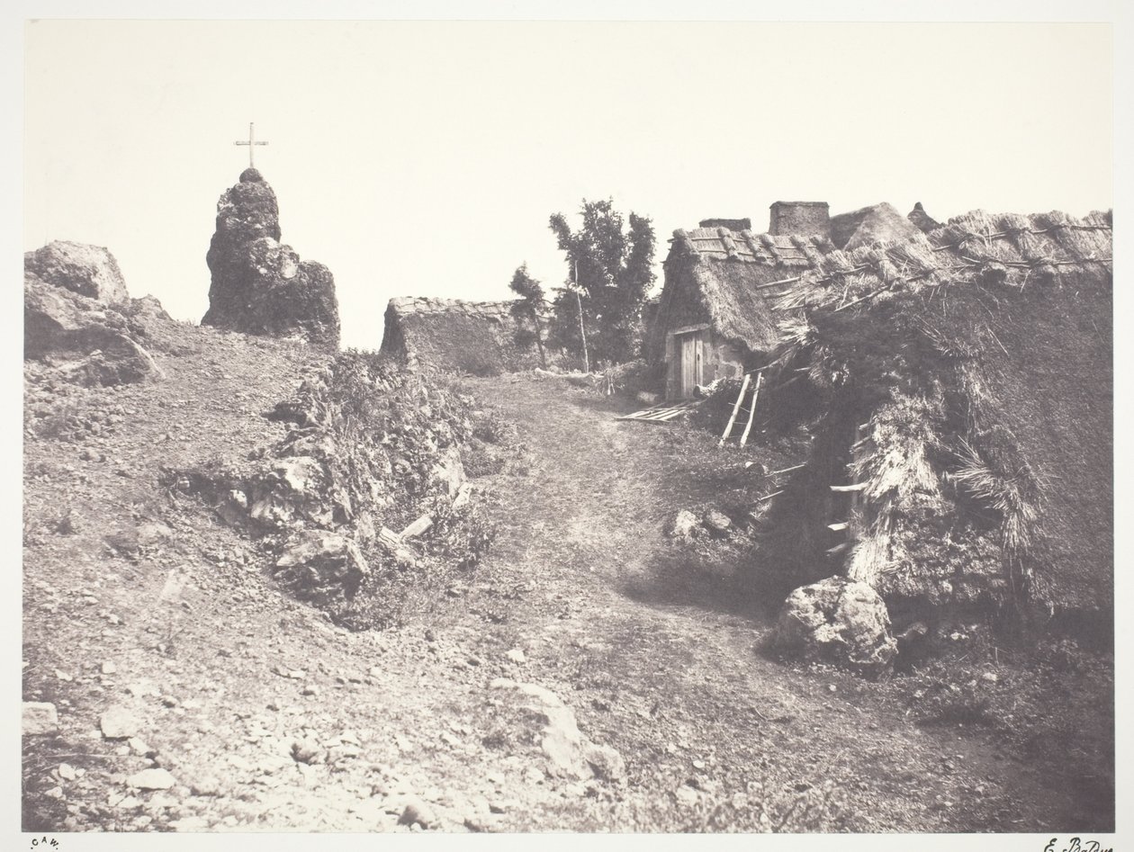 Cottages in Auvergne, with a Calvary by Edouard Denis Baldus