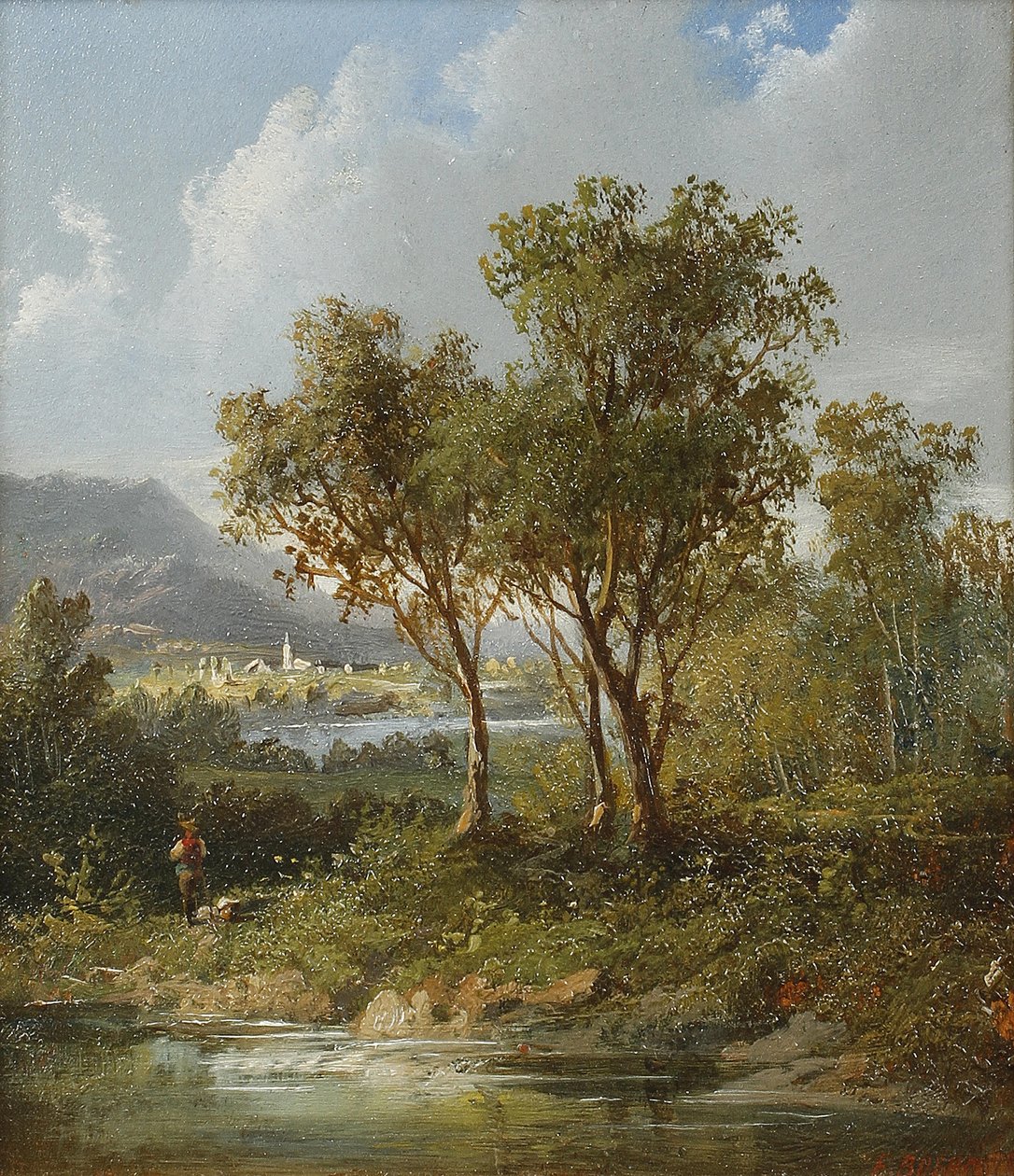 Figure Beside a Lake with Distant Mountains by Eduard Boehm
