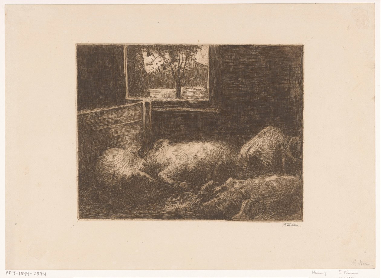 Pigs in a Stall by Eduard Karsen (signed by artist)