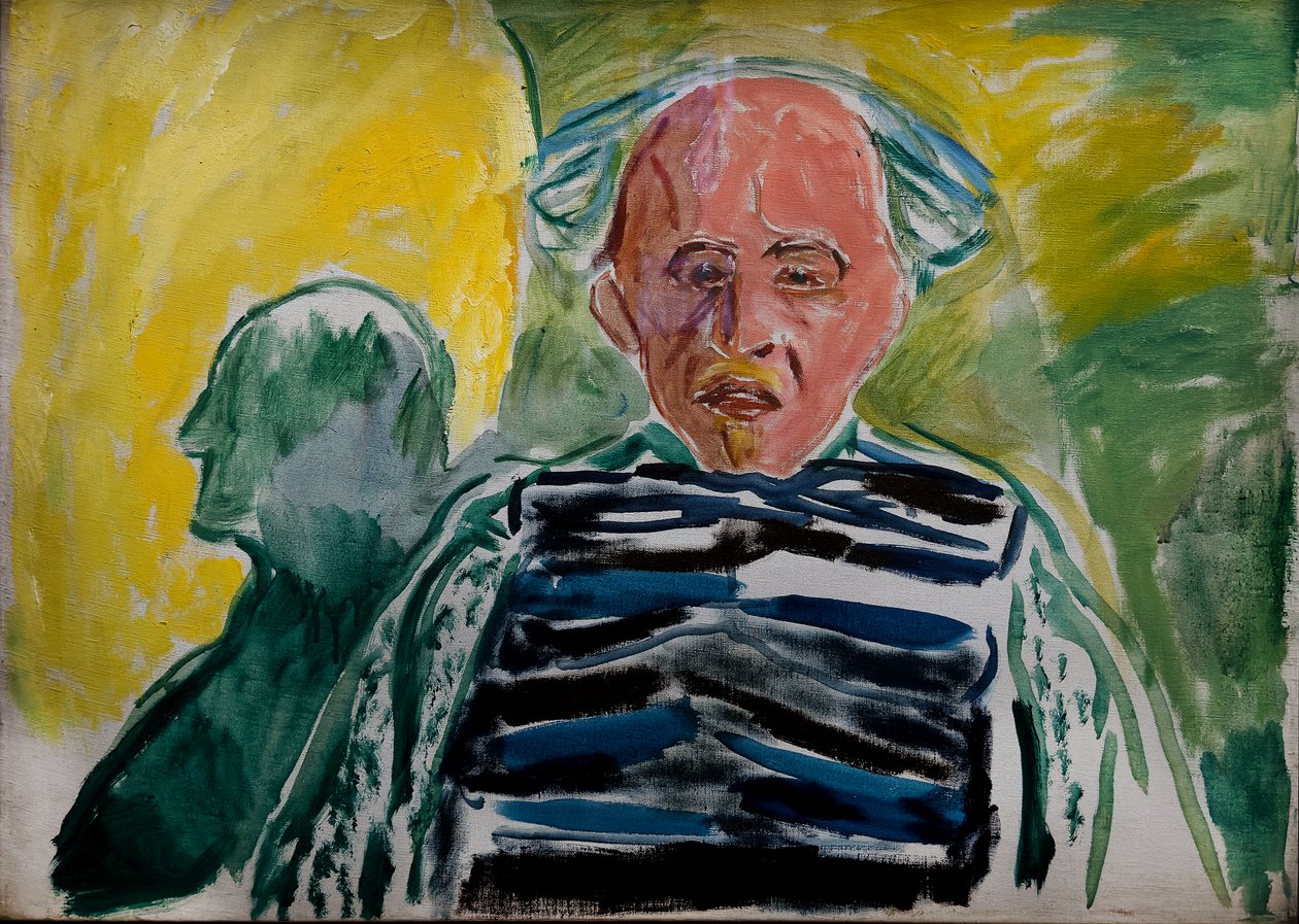 Self-portrait wearing a striped pullover by Edvard Munch