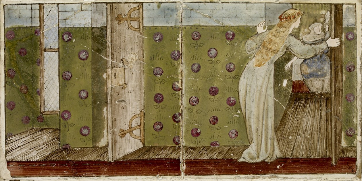 A set of sixteen tiles arranged in pairs to form eight illustrations of the 