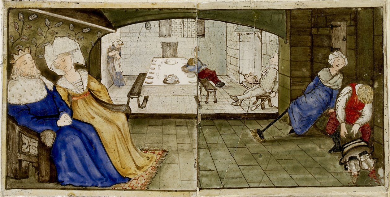 A set of sixteen tiles arranged in pairs to form eight illustrations of the 