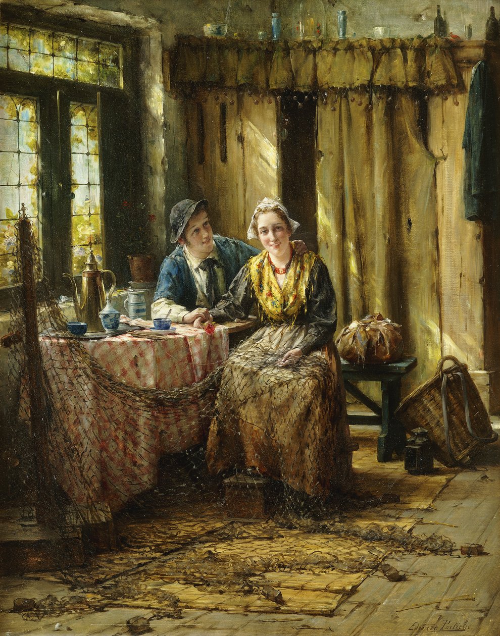 Fisherfolk in an Interior by Edward Portielje