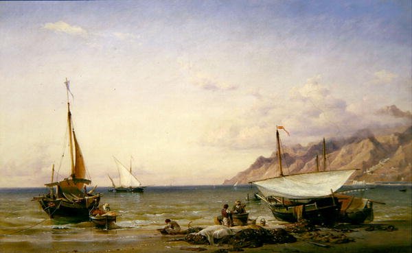 Fishermen maintaining their nets by Edward William Cooke
