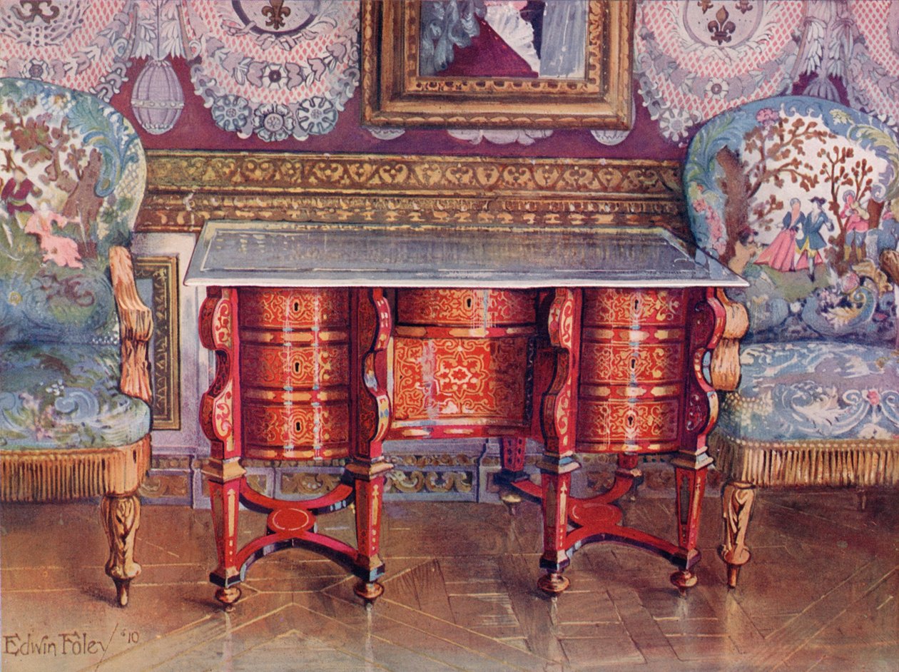 Kneehole Writing Table in Red Tortoiseshell and Lacquer Steel Top. Boulle. Gilt Fauteuils, Upholstered in Tapestry by Edwin John Foley