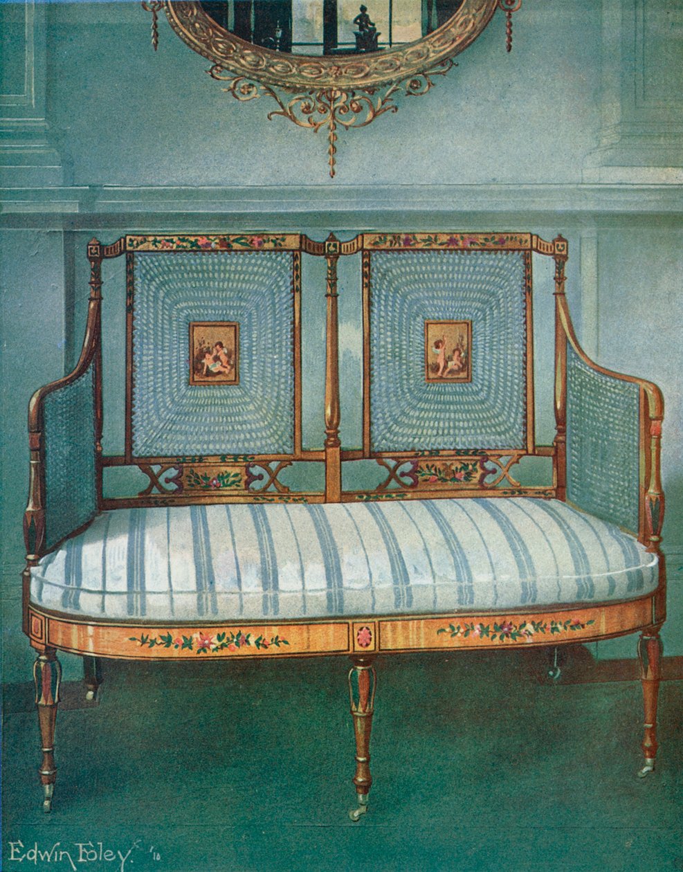 Painted Caned Satinwood Settee by Edwin John Foley