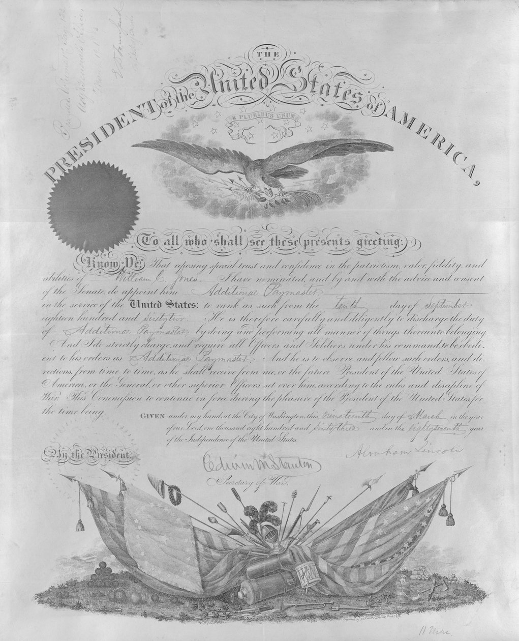 Appoints Jones as Additional Paymaster in the Service of the United States by Edwin M. Stanton