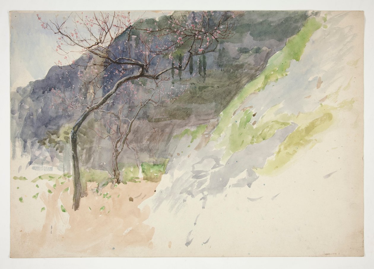 Mountainous landscape with budding trees by Edwin Austin Abbey