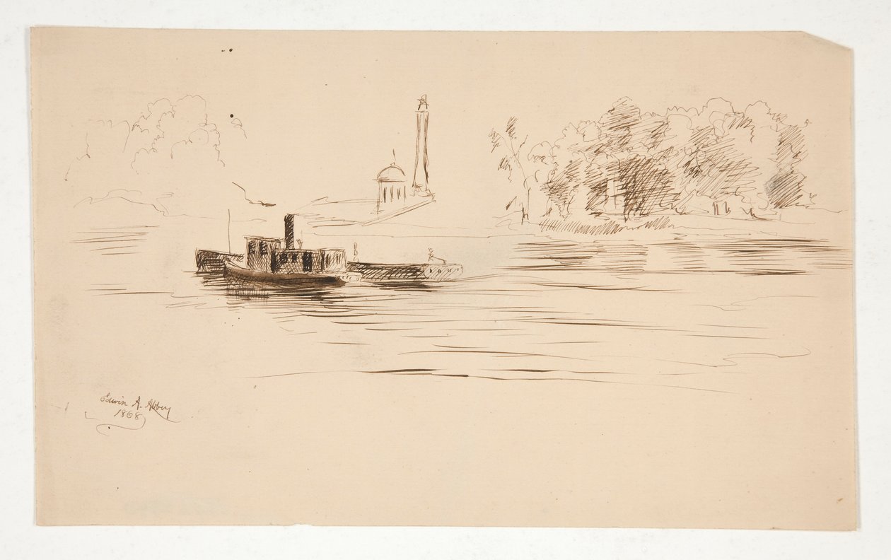 Tugboat Pushing Barge on River by Edwin Austin Abbey