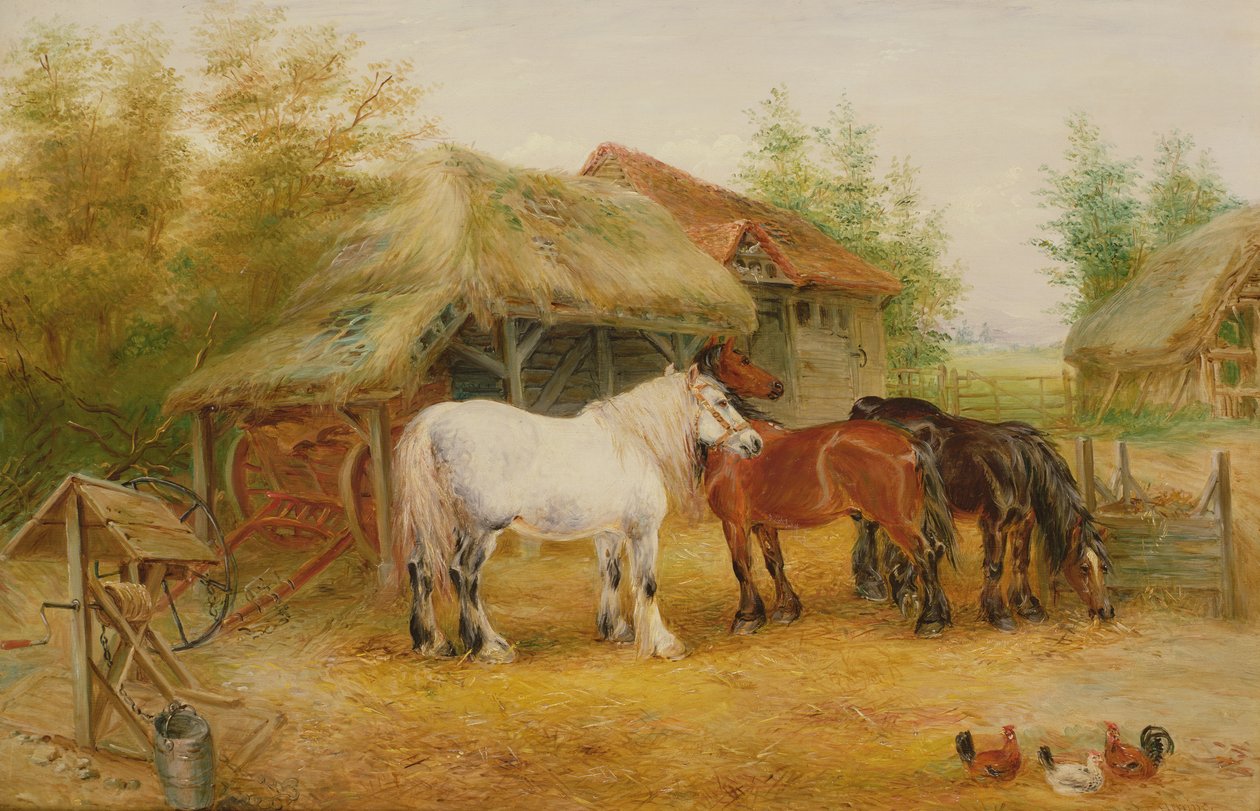 Carthorses in a farmyard by Edwin Frederick Holt