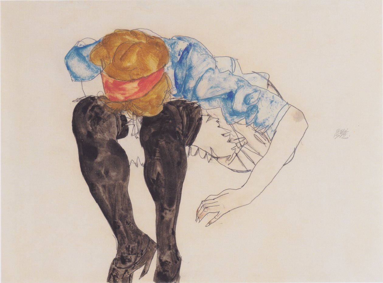 Blonde, Leaning Forward with Black Stockings by Egon Schiele