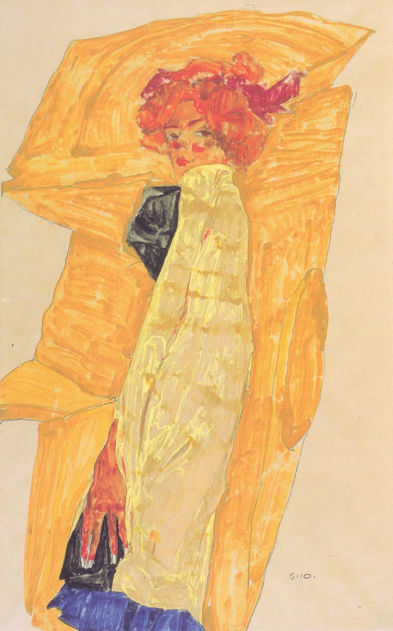 Gerti in Front of Ochre Drapery by Egon Schiele