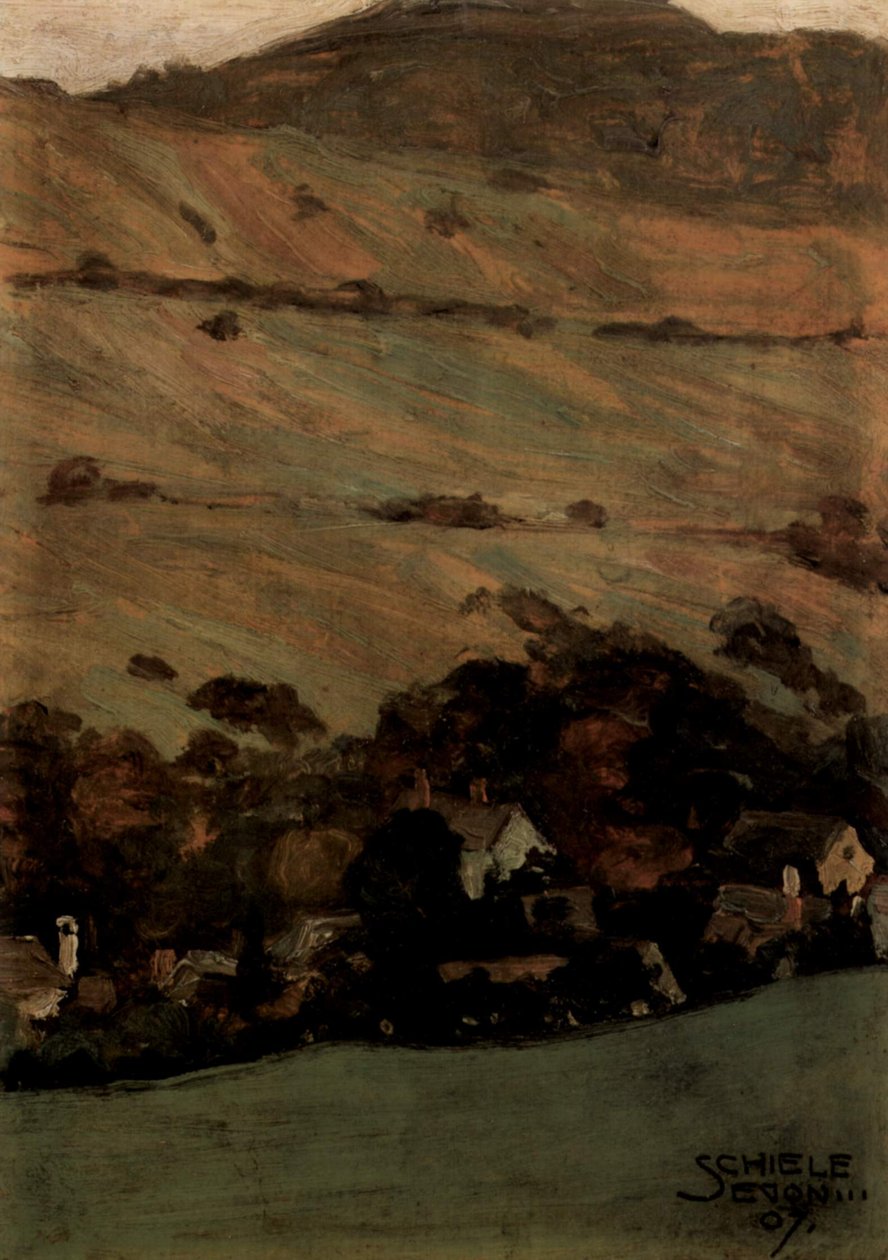 Houses in Front of a Mountain Slope by Egon Schiele