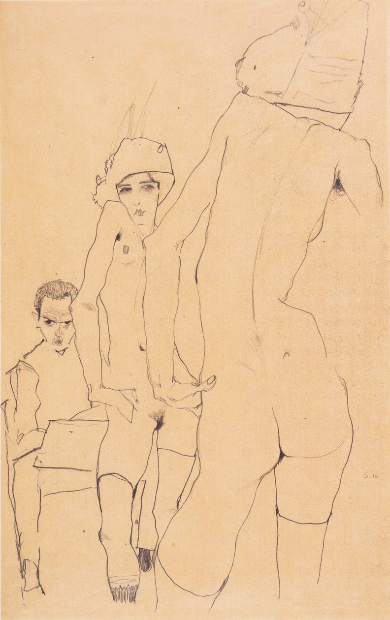Schiele with Nude Model in Front of the Mirror by Egon Schiele