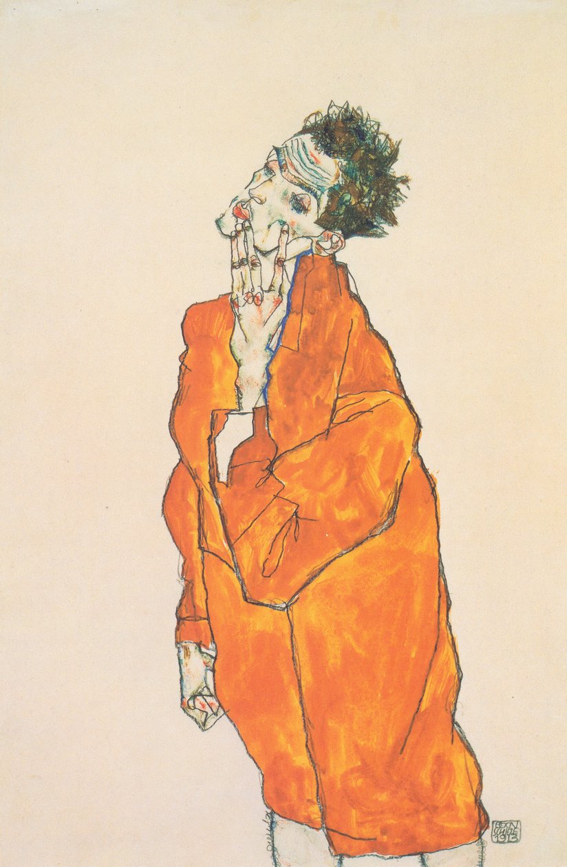 Self-Portrait in Orange Jacket by Egon Schiele