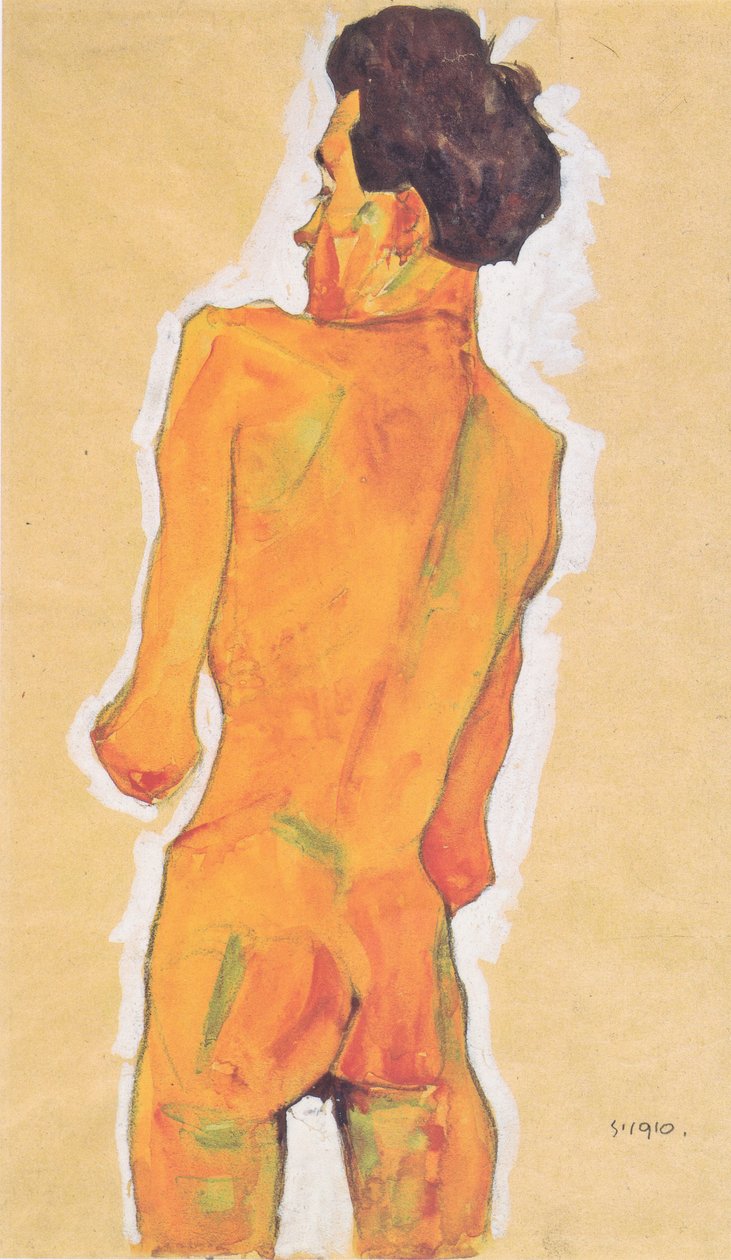 Standing Male Nude Back View by Egon Schiele