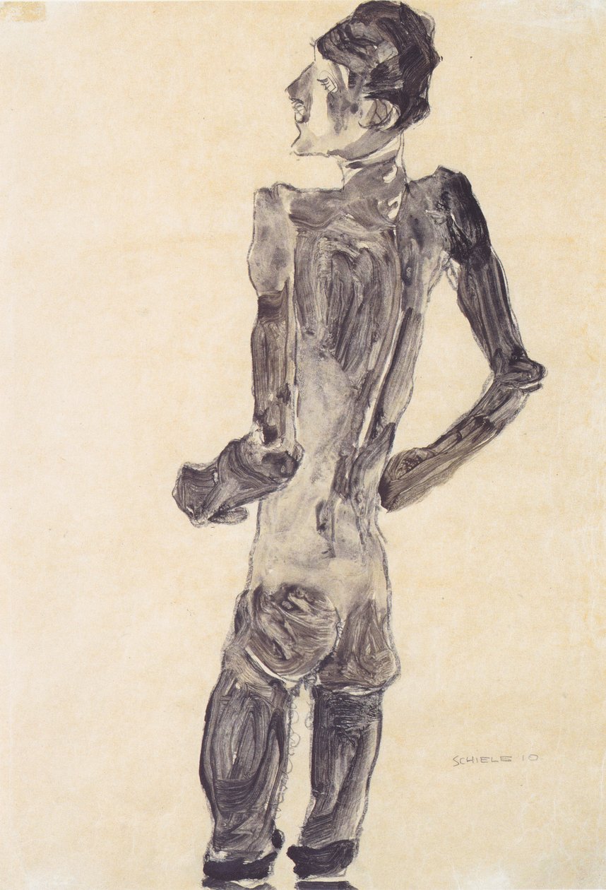 Standing Male Nude Back View by Egon Schiele