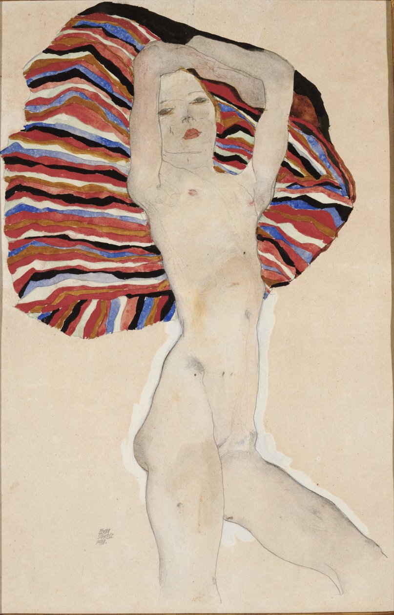 Nude Against Coloured Material by Egon Schiele