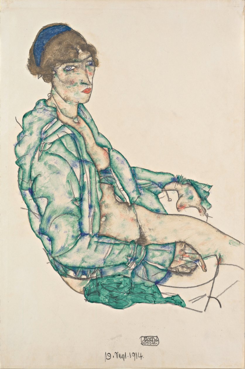 Sitting Semi-Nude with Blue Hairband by Egon Schiele