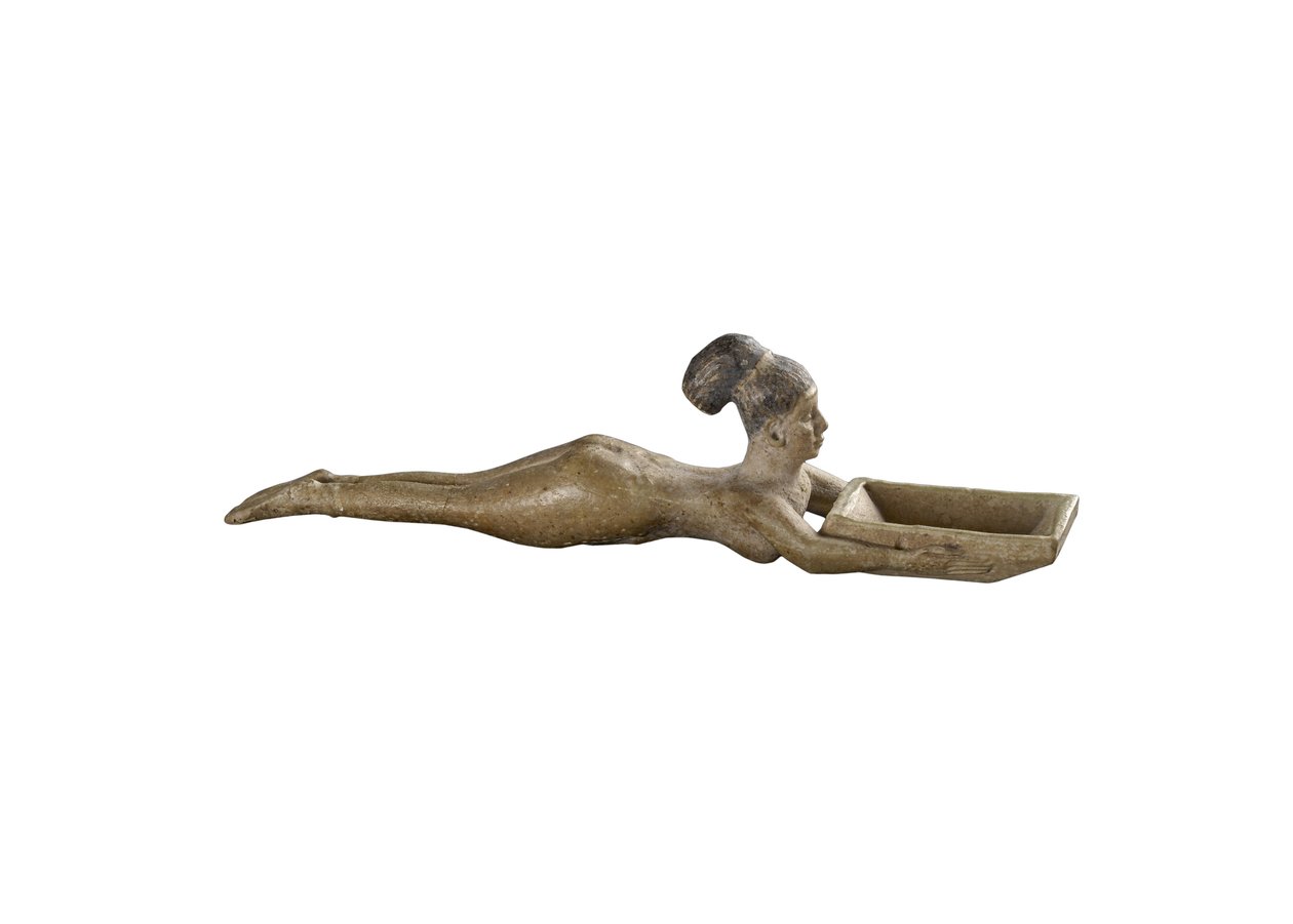 Spoon in the form of a nude girl swimming with a rectangular basin in front of her by Egyptian