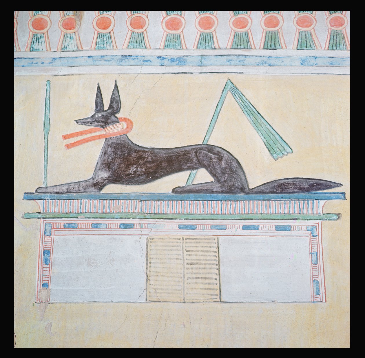 Anubis, Egyptian God of the Dead, Lying on Top of a Sarcophagus, Wall Painting in the Valley Temple of the Pyramid of Menkaure, Old Kingdom by Egyptian 4th Dynasty