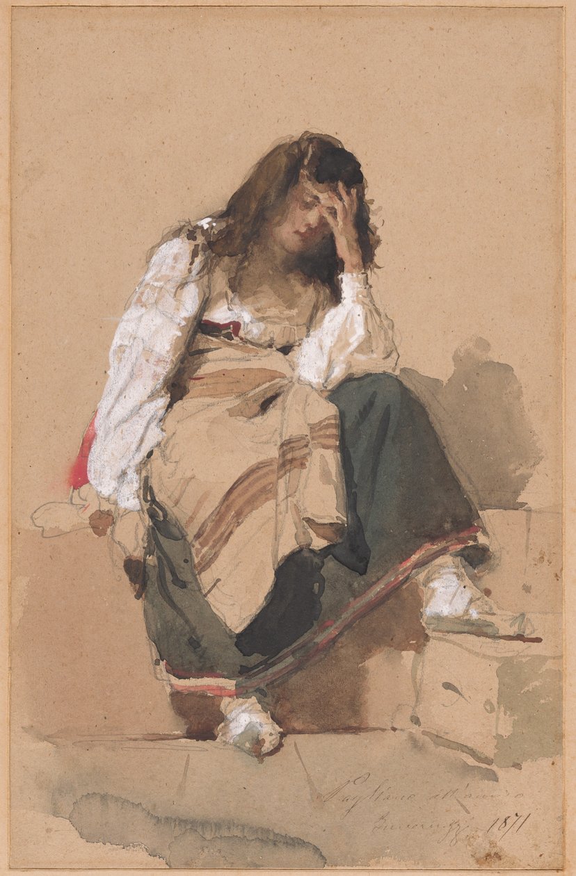 A Seated Peasant Girl in Contemplation by Eleuterio Pagliano