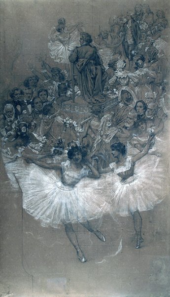 Ballet Dancers and Beethoven - Cartoon for the Transfer of the Grand Drape of the Municipal Theater of Rio de Janeiro by Eliseu Visconti