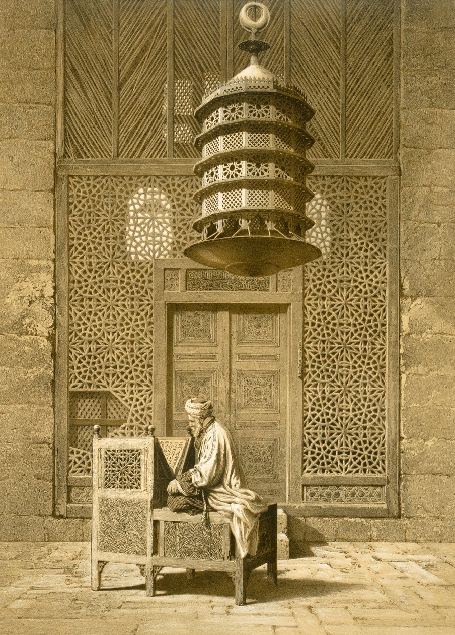 Cairo: Funerary or Sepulchral Mosque of Sultan Barquoq seated Imam reading the Koran, before a pierced screen c14th, 19th century by Emile Prisse d
