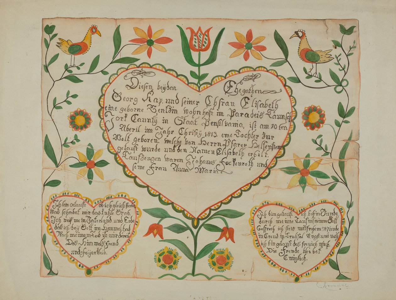 Fraktur - Birth and Baptismal Certificate by Emma M. Krumrine