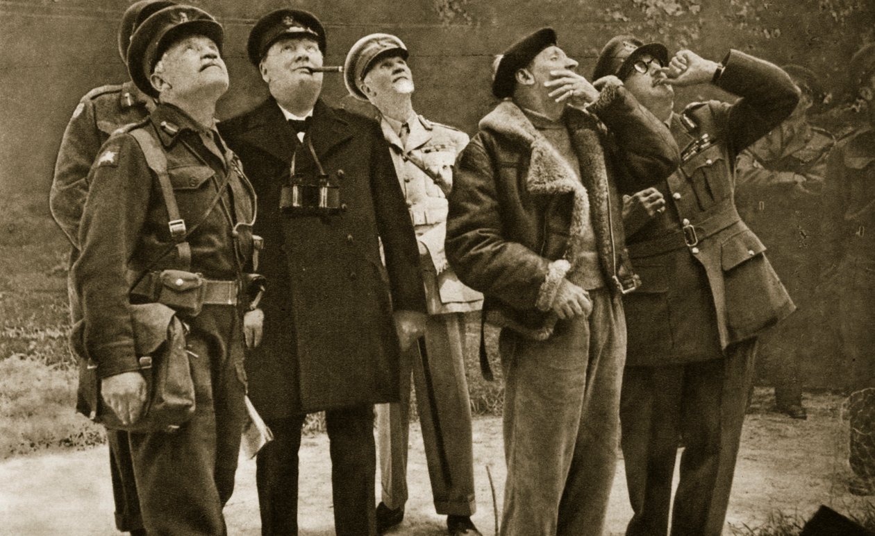On the Front: Churchill and Montgomery observe a dogfight, 1944 by English Photographer